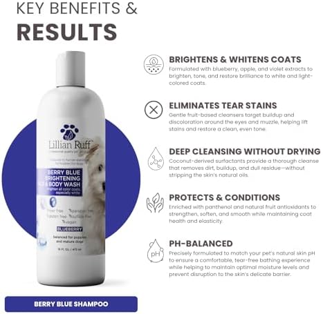 Lillian Ruff PRO Formula Berry Blue Brightening Pet Shampoo - Ultra-Hydrating Professional Whitening Dog Shampoo, Vivid Show-Quality Coat Enhancer, Tear Stain & Odor Eliminator With ProVitamin B5 16oz - Image 3