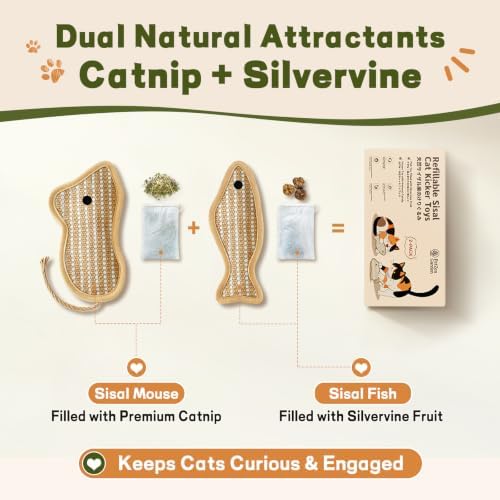 Refillable Catnip Kicker Toys, Sisal Fish & Mouse with Catnip & Silvervine Gall Fruit, Durable Interactive Cat Toy for Indoor Cats, 2-Pack - Image 3
