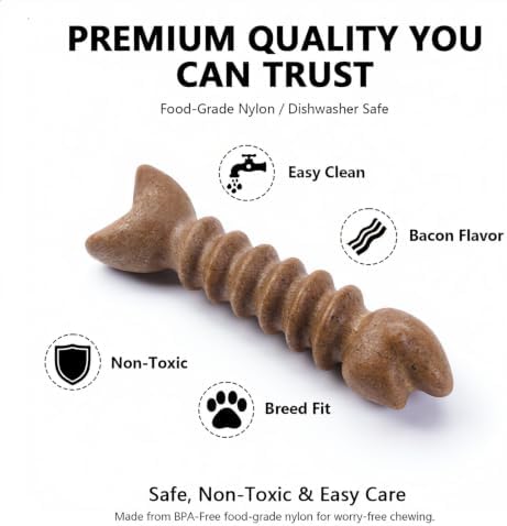 MECOOL Durable Nylon Dog Chew Toy – Bacon Flavored Fish Bone Shape for Aggressive Chewers, Tough Interactive Teething Toy for Medium Large Dogs, Long-Lasting Dental Chew Bone - Image 6