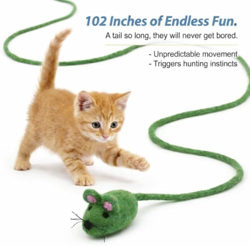 Glaciart One Felt Mouse Cat Toy – Soft Fuzzy Enrichment 100% Natural Wool - Interactive Catnip Play Cat Toy Set - Safe for Pets, Non-AZO Colored Dyes - 100” Long - Image 2