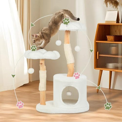 Cute Cat Tree Tower for Indoor Cats Adult, Wood Flower Cat Trees with 6 Pompoms, Modern Cat Tree Tower with Scratching Post, Aesthetic Luxury Cat Condo for Cats Kitten, Ivory - Image 6