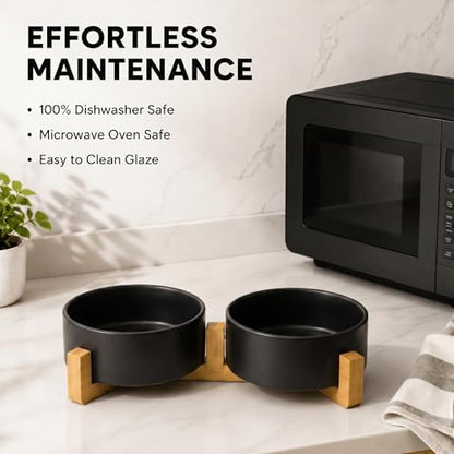 SPUNKYJUNKY Ceramic Dog and Cat Bowl Set with Wooden Stand, Modern Cute Weighted Food Water Set for Small Size Dogs (13.5OZ) & Medium Sized Dogs (28.7OZ) & Cats (1.7 Cups, 2 × Black) - Image 6
