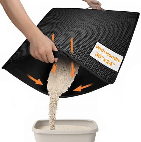 Cat Litter Mat-30"X24" Large Litter BoxTrapping Mat for Kitty EVA Honeycomb Double Layer Design, Urine & Waterproof with Handle Design Easier to Clean, Washable, Black by Conlun
