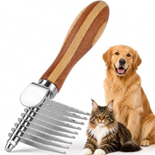 Pet Dematting Comb for Dogs & Cats, 45° Stainless Steel Undercoat Rake Removes Mats, Knots, Tangles & Loose Fur, Grooming Brush for Long & Short Haired Pets, Ergonomic Natural Bamboo Handle by TECHNOLOGICALLIFE