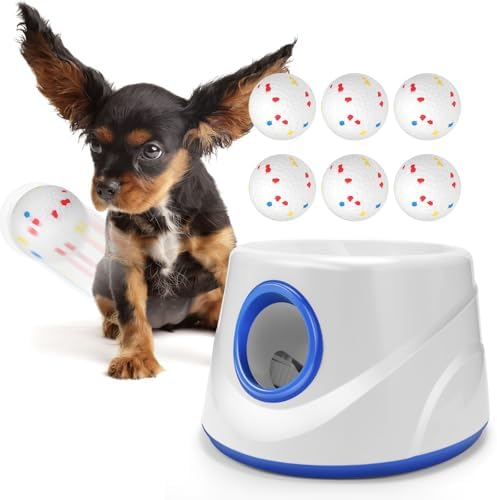 Automatic Dog Ball Thrower Launcher for Small to Medium Dogs, Tennis Machine Ball Thrower for Dogs, Interactive Dog Toys for Boredom, Games to Keep Them Busy, Includes 6 ETPU Balls, 2.3 Inch (BLUE) by Unknown