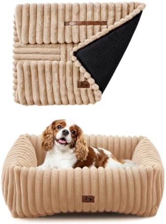 Washable Dog Bed Small Medium Size Dog, Rectangle Orthopedic Pet Bed for Car and Indoor,Fluffy Memory Foam Dog Beds with Anti-Slip Bottom,Camel (25x21x7 inches) by WARMREST