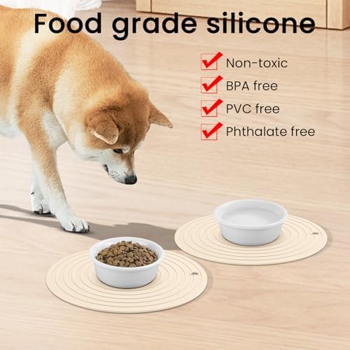 Ptlom Silicone Pet Food Mat for Dogs and Cats Placemat 2Pcs, Waterproof Non-Slip Feeding Bowl Mats Prevent Food and Water Overflow, Silicone Puppy Mat Suitable for Small Medium Pets, Beige, 9.5Inch - Image 3