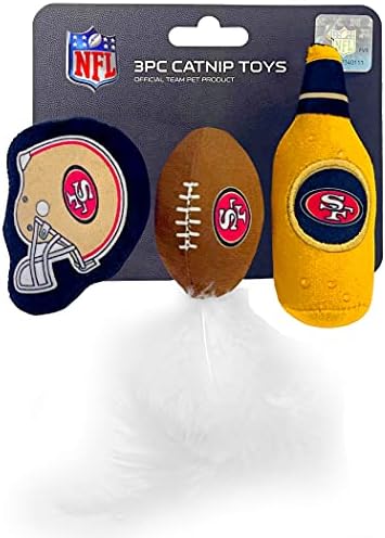 BEST PLUSH CAT TOY NFL SAN FRANCISCO 49ERS Complete Set of 3 piece Cat Toys filled with Fresh Catnip. Includes: 1 Helmet Cat Toy, 1 Football Cat Toy with Feathers & 1 Beer Bottle. Beautiful Team LOGOS by PETSFIRST