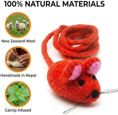 Glaciart One Felt Mouse Cat Toy – Soft Fuzzy Enrichment 100% Natural Wool - Interactive Catnip Play Cat Toy Set - Safe for Pets, Non-AZO Colored Dyes - 42” Long - Image 4