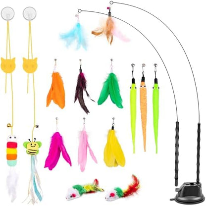 Depets Cat Wand Toy, 15 Pcs Interactive Cat Feather Toys for Indoor Self Play & Exercise, 2 Play Modes Kitten Teaser Wand, Reusable Suction Cup Kitten Toys by Depets