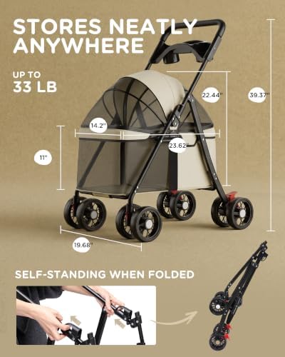 GTPLAYER Foldable Pet Stroller for Small Dogs and Cats, Holds Up to 33 lb, 4-Wheel Stroller with 2 Safety Tethers, Breathable Mesh, Lockable Front Wheels, Cup Holder/Tray & Storage Pocket, Cream - Image 2