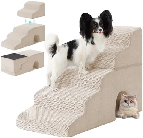 Ahpmeoa Dog Stairs for Bed 23'' H, 5-Step Dog Steps for High Bed, Beige by Ahpmeoa
