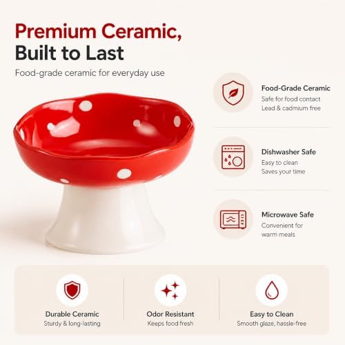 Red Mushroom Cat Bowl, Elevated Ceramic Bowl for Cats - Image 5