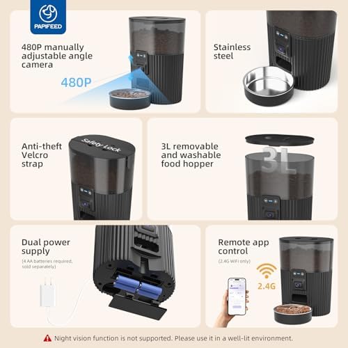 PAPIFEED Automatic Cat Feeder with Camera, WiFi Auto Cat Feeder with App, 3L Slow-Feed Cat Food Dispenser for Dry Food, Dual Power Supply Timed Pet Feeder, 10 Meals/Day, 6 Portions/Meal - Image 5