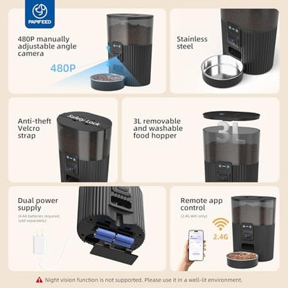 PAPIFEED Automatic Cat Feeder with Camera, WiFi Auto Cat Feeder with App, 3L Slow-Feed Cat Food Dispenser for Dry Food, Dual Power Supply Timed Pet Feeder, 10 Meals/Day, 6 Portions/Meal - Image 5