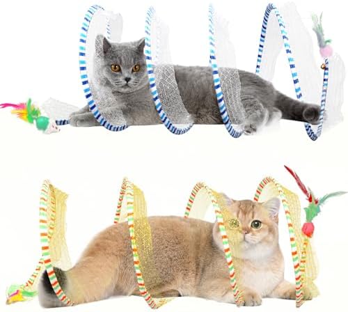 2-Pack Large Cat Tunnel Beds - Indoor & Outdoor,Kitten Collapsible Spring Tunnel Toy with Feather and Bell,Interactive Spring Toys for Cats & Kittens（Yellow and Blue） by TEASIK