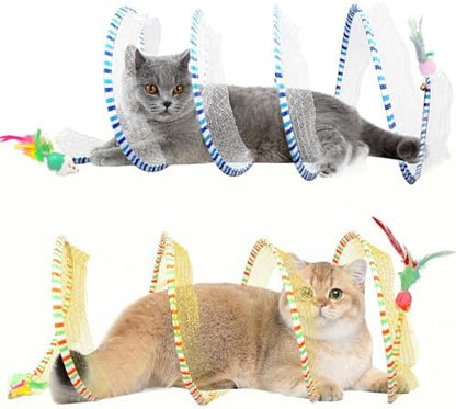 2-Pack Large Cat Tunnel Beds - Indoor & Outdoor,Kitten Collapsible Spring Tunnel Toy with Feather and Bell,Interactive Spring Toys for Cats & Kittens（Yellow and Blue） by TEASIK