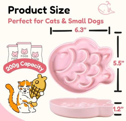 2Pcs Ceramic Cat Slow Feeder Bowl, Fish Shape 6.3" W Wide Shallow Cat Plate, Whisker Friendly Slow Feed Bowl for Wet Meals, Dry Kibble, Canned Meals & Treats, Dishwasher Safe, (Green + Blue) - Image 2