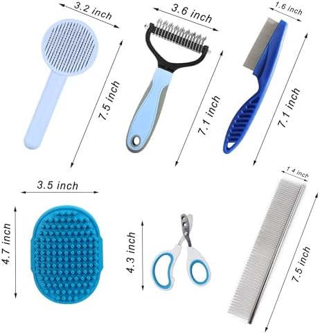 Cat Grooming Brush Kit 6 Tools - Deshedding & Dematting for Long/Short Hair, Self-Cleaning Slicker Brush with 6-in-1 Flea Comb for Cats & Kittens (Blue) - Image 6