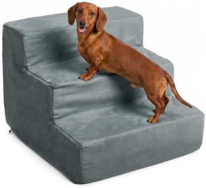 3-Step Pet Stairs - Nonslip Foam Dog and Cat Steps with Removable Zippered Microfiber Cover - Designed for Home or Vehicle Use by PETMAKER (Gray) by PETMAKER