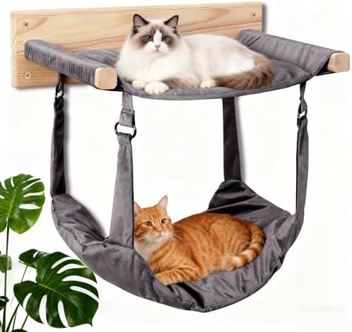 JSPYFITS Wooden Cat Furniture Wall Mounted, Double Layer Hammock, Large Size 18.9″ Removable Multi-Function Cat Bed for Sleep/Play/Climb, Kitten Window Perch, Easy DIY Installation(Grey) by JSPYFITS