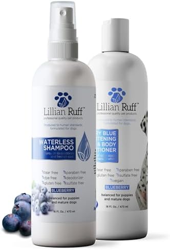 Lillian Ruff PRO Formula Blueberry Waterless Dog Shampoo & Berry Blue Brightening Conditioner - No-Rinse Odor Eliminator & Hydrating Whitening Conditioner Detangles, Restores Skin, Softness & Shine by LillianRuff