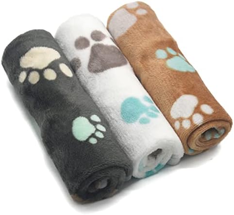 1 Pack 3 Puppy Blankets Super Soft Warm Sleep Mat Cute PAW Print Blanket Fleece Pet Blanket Flannel Throw Dog Blankets for Small Dogs Puppy Cats,Gray/White/Brown-Small(23"x15") by SORKUT
