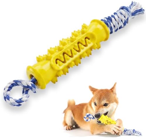 Dog Chew Toys for Medium Large Dogs, Yellow TPR Dental Toy with Rope by absob