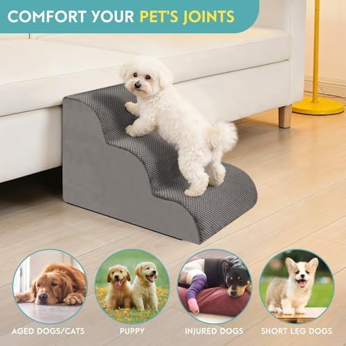 Dog Stairs for Small Dogs,15.7" H Pet Stairs 3-Steps Ramp for Puppy, Older Cat, Stairs with Whole 30D High Density Foam, Corduroy Fabric, Non-Slip Bottom Dog Steps for Bed and Couch (Grey, 3-Step) - Image 6