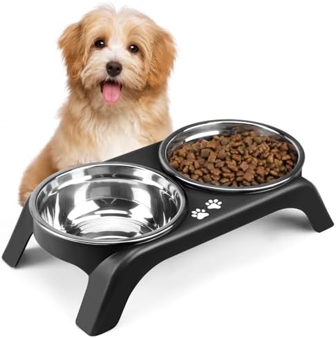 Elevated Dog Bowls for Small Dogs, 3” High Raised Dog Bowl Stand with Dual 5” Stainless Steel Bowls Non-Slip Pet Feeder for Puppy and Cats, Dishwasher Safe, Black by COMESOON
