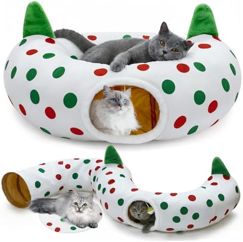 Cat Tunnel Christmas Tree Skirt, 3ft x 3ft x 9.8in Cat Tunnels for Indoor Cats, Red and Green Dot Cat Donut Tunnel with Hanging Ball and Cat Ears, Kitten Toys for Indoor Kittens Puppy Rabbit by CORALMEE