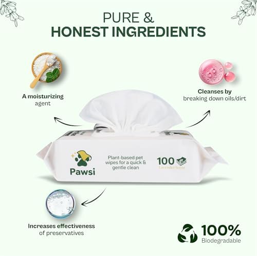 Pawsi Pet Wipes for Dogs and Cats, Hypoallergenic Grooming Wipes for Paws, Body and Butt, Cleaning and Hydrating, Lavender Scented, 2 Pack (100 Wipes Each, 200 Total) - Image 3