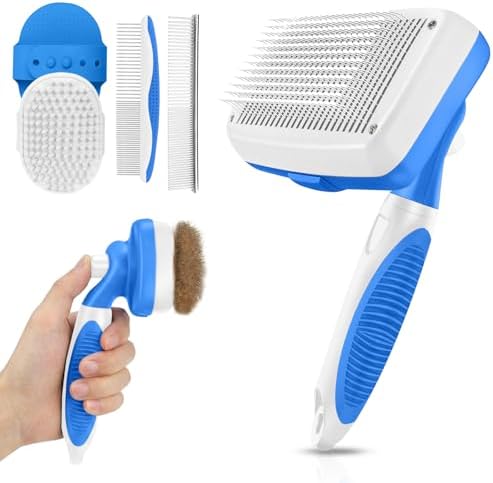 Self Cleaning Shedding Brush - 5-in-1 Professional Pet Grooming Kit Skin Friendly Grooming Tool for Dogs, Cats, and Puppies, Deshedding and Hair Removal for Long and Short Haired Pets（Blue-White） by AUSRKI