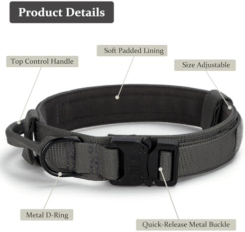 Tactical Dog Collar, Adjustable Military Training Nylon Pet Collar, Grey M - Image 3