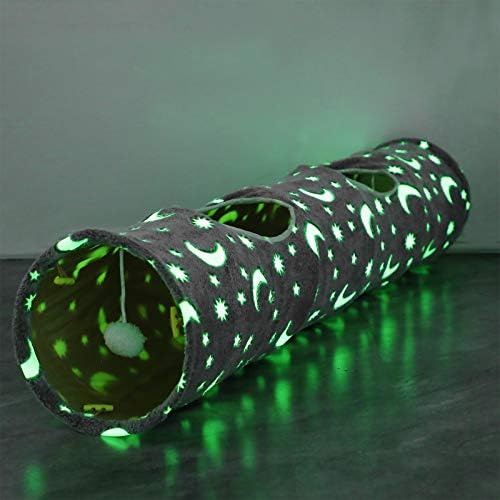 Cat Tunnel Tube with Plush Ball Toys Collapsible Self-Luminous Photoluminescence, for Small Animals Pets Bunny Rabbits, Kittens, Ferrets,Puppy and Dogs Grey Moon Star by MAKEPETLUCKY-WelcometoCatTunnelClub