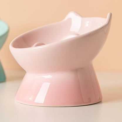 Macarons Series Ceramic Slow Feeder Cat Bowl, Raised Puzzle Feeder, Anti Vomiting Cat Slow Feeding, Elevated Food Bowl, Whisker Friendly Pet Bowl with Cute Ear Design (Gradient Pink)