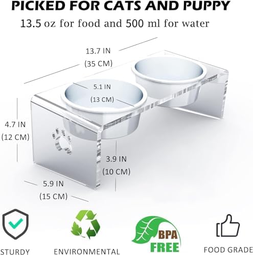 Raised Cat & Dog Bowl, Elevated Pet Feeding Station with 15 Tilted Neck Protective Acrylic Stand, Double Stainless Steel Bowls, for Small, Medium, Large Cats & Dogs - Image 3