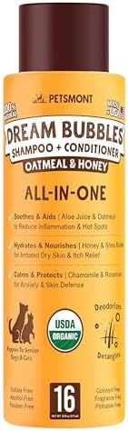Petsmont Dream Bubbles Organic Shampoo + Conditioner for Dogs and Cats - Oatmeal Shampoo for Sensitive Skin, Anti Itch Conditioner 2 in 1 Dog Itch Relief - 16oz by Petsmont