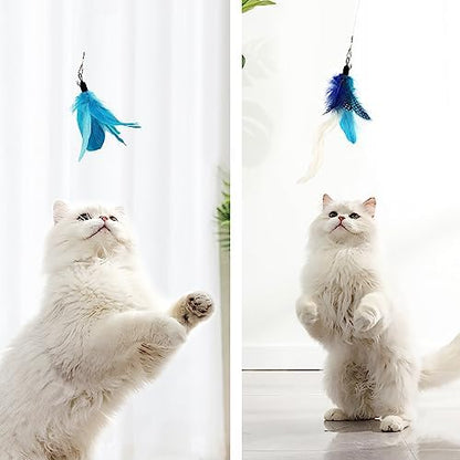 SONGWAY Cat Feather Toys Wand - 7 Pcs Interactive Cat Toys for Indoor Cat Kitten, Retractable Cat Wand Toy with 6 Feather Teaser Refills with Bell, Cat Fishing Pole Toy, Blue - Image 6