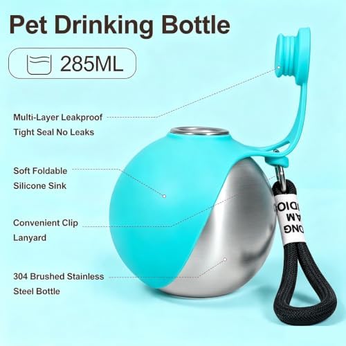 Spherical Portable Dog Water Bottle - Leak-Proof Travel Water Bowl for Pets, BPA-Free Plastic & Food-Grade Stainless Steel, Lightweight for Walking, Hiking, Outdoor (Bule-Stainless Steel) - Image 2