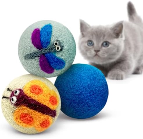 Love Ewe Wool Cat Toys 3 Pack, 2-inch Dragonfly & Butterfly by HustleBlush