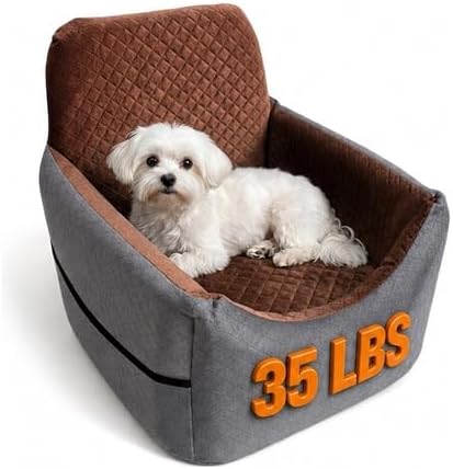 Dog Booster Seat for Small Dogs & Medium Sized Dog – Elevated Car Seat with Safety Leash, High Density Foam, Storage Pockets & Washable Cover – Up to 35 lbs for Puppies & Cats (Gray & Dark Brown) by Unknown