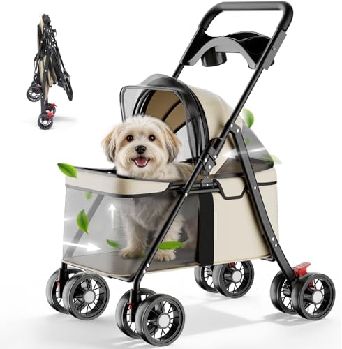 GTPLAYER Foldable Pet Stroller for Small Dogs and Cats, Holds Up to 33 lb, 4-Wheel Stroller with 2 Safety Tethers, Breathable Mesh, Lockable Front Wheels, Cup Holder/Tray & Storage Pocket, Cream by GTPLAYER