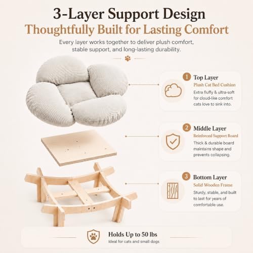 Wooden Elevated Cat Bed, Pet Sofa Furniture with Washable Cushion (Beige) - Image 2