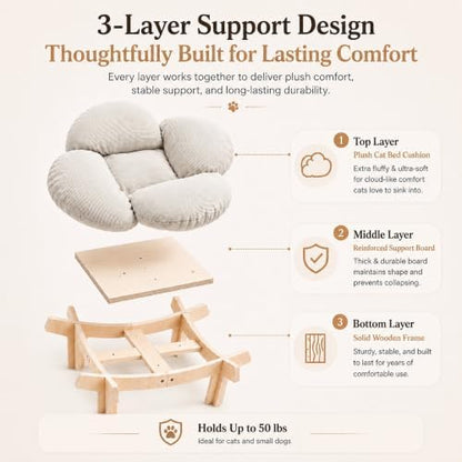Wooden Elevated Cat Bed, Pet Sofa Furniture with Washable Cushion (Beige) - Image 2
