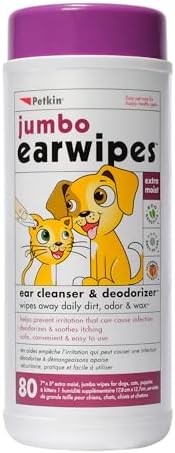 Petkin Jumbo Pet Ear Wipes, 80 Extra Moist Wipes - Soothing & Deodorizing Pet Ear Cleaner to Remove Dirt, Odor, & Wax - Safe, Convenient, & Easy to Use Pet Wipes for Dogs, Cats, Puppies & Kittens by Petkin