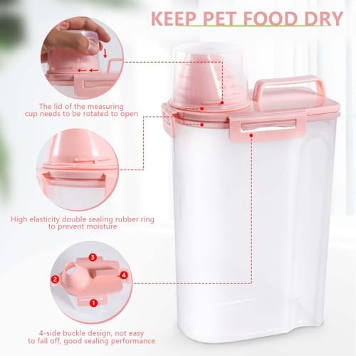 SenseYo 2 Pack 2.5lb Pet Food Storage Container with Measuring Cup, 3L Cat Food Storage Container Dog Food Storage BPA Free for Small Dog, Cat, Bird (Pink) - Image 3
