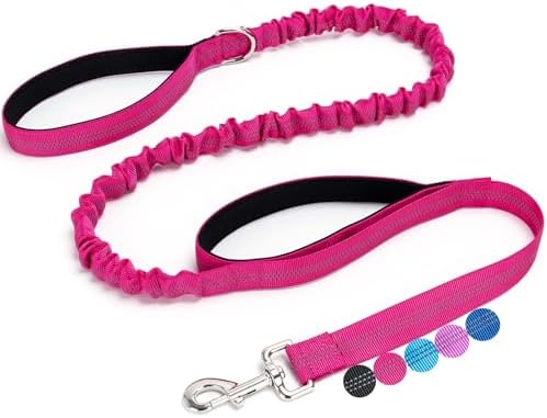 5FT Bungee Dog Leash with 2 Handles, Reflective Strong Nylon Traffic Leash, Shock Absorbing Lead for Large Medium Dogs Walking Training Controlling, Rose red by boswany