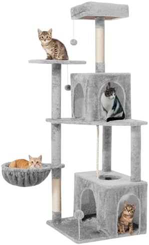 54inch Large Cat Tree Tower Condo with Hammock for Indoor Cats, Soft Plush Multi-Level Climbing Tree Cat House with Cat Cave, Scratching Post, Sisal Rope, Light Grey by TSCOMON