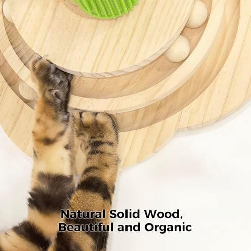 TINYBEAST Wooden Cat Scratching Post, 4 in 1 Cat Scratcher Toy with Cat Ball Tracks, 25" Tall Sisal Scratch Post for Indoor Kittens Adult Cats, Interactive Feather Toy and 4 Sisal Hanging Balls - Image 3
